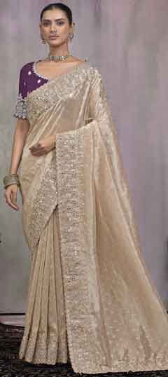 Beige and Brown color Saree in Tissue fabric with Mirror, Moti, Sequence, Thread, Zari work
