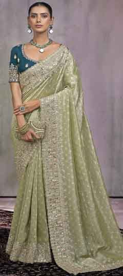 Green color Saree in Tissue fabric with Mirror, Moti, Sequence, Thread, Zari work