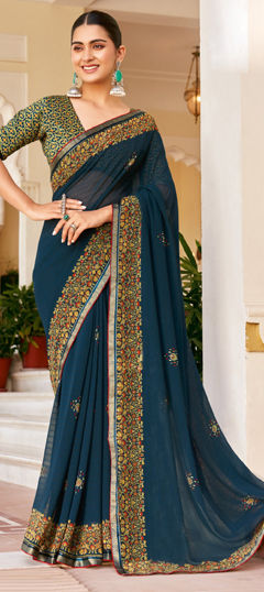 Blue color Saree in Georgette fabric with Floral, Lace, Printed work