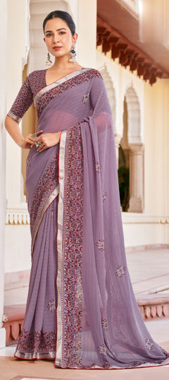 Purple and Violet color Saree in Georgette fabric with Floral, Lace, Printed work