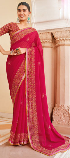 Pink and Majenta color Saree in Georgette fabric with Floral, Lace, Printed work