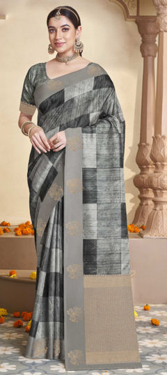 Black and Grey color Saree in Silk fabric with Printed, Weaving work
