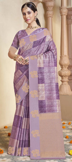 Purple and Violet color Saree in Silk fabric with Printed, Weaving work