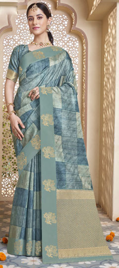 Black and Grey color Saree in Silk fabric with Printed, Weaving work