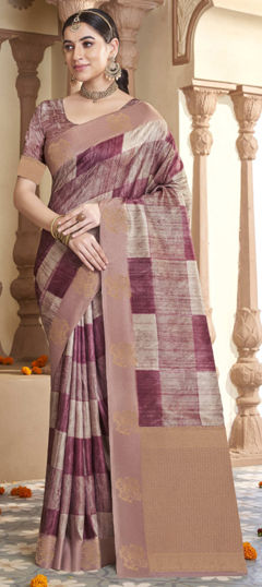 Beige and Brown color Saree in Silk fabric with Printed, Weaving work