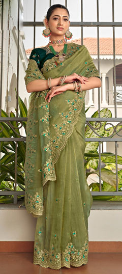 Green color Saree in Tissue fabric with Embroidered, Resham, Stone, Thread, Zari work