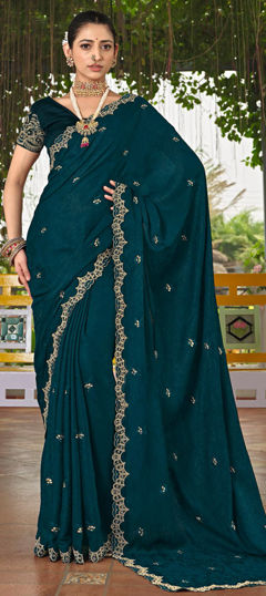 Blue color Saree in Silk fabric with Embroidered, Resham, Thread, Zari work