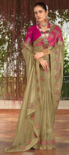 Gold color Saree in Chinon Silk fabric with Embroidered, Resham, Thread, Zari work