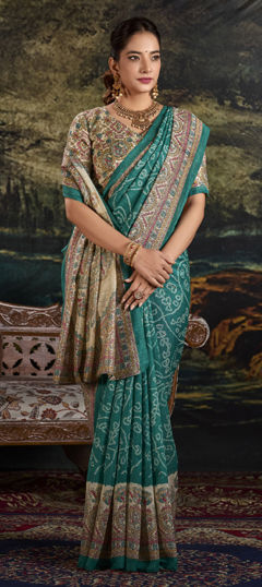 Green color Saree in Silk fabric with Bandhej, Printed work