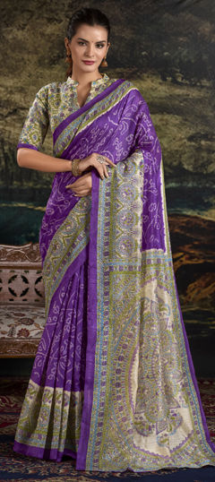 Purple and Violet color Saree in Silk fabric with Bandhej, Printed work