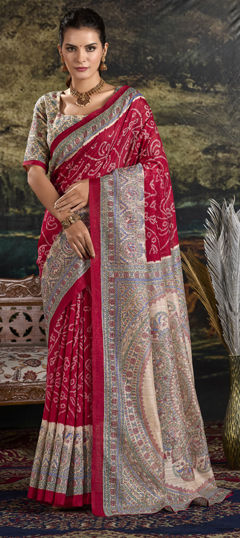 Red and Maroon color Saree in Silk fabric with Bandhej, Printed work