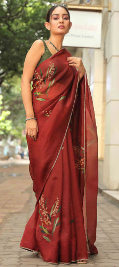 Red and Maroon color Saree in Organza Silk fabric with Bugle Beads, Cut Dana, Lace, Printed work