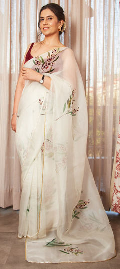 White and Off White color Saree in Organza Silk fabric with Bugle Beads, Cut Dana, Lace, Printed work