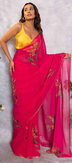 Pink and Majenta color Saree in Organza Silk fabric with Bugle Beads, Cut Dana, Lace, Printed work