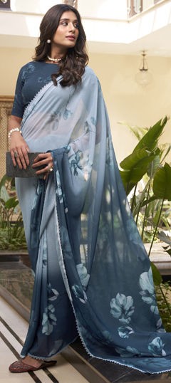Black and Grey, Blue color Saree in Faux Georgette fabric with Floral, Lace, Printed work