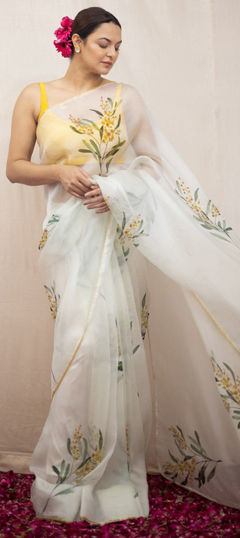 White and Off White color Saree in Organza Silk fabric with Bugle Beads, Cut Dana, Lace, Printed work
