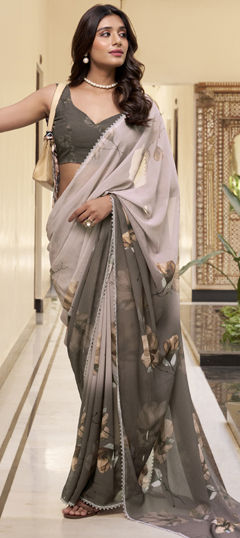 Beige and Brown, Green color Saree in Faux Georgette fabric with Floral, Lace, Printed work