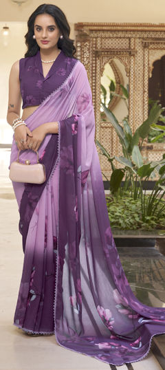 Pink and Majenta, Purple and Violet color Saree in Faux Georgette fabric with Floral, Lace, Printed work