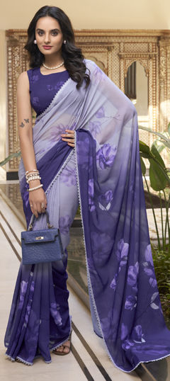 Black and Grey color Saree in Faux Georgette fabric with Floral, Lace, Printed work
