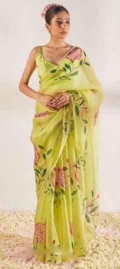 Yellow color Saree in Organza Silk fabric with Cut Dana, Lace, Moti, Printed, Sequence work
