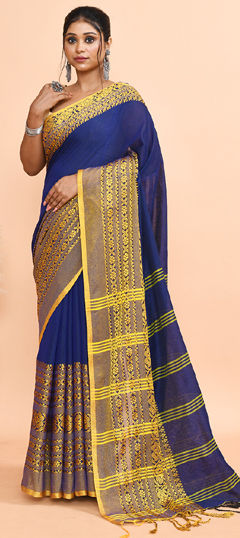 Blue color Saree in Cotton fabric with Printed work