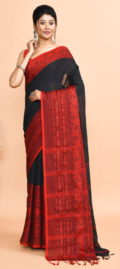 Black and Grey color Saree in Cotton fabric with Printed work