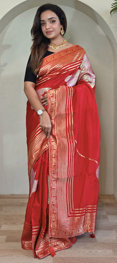 Red and Maroon color Saree in Silk fabric with Weaving, Zari work
