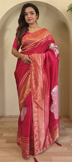 Red and Maroon color Saree in Silk fabric with Weaving, Zari work