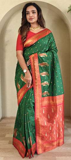 Green color Saree in Silk fabric with Weaving work