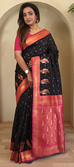 Black and Grey color Saree in Silk fabric with Weaving work