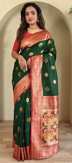 Green, Red and Maroon color Saree in Banarasi Silk fabric with Weaving, Zari work
