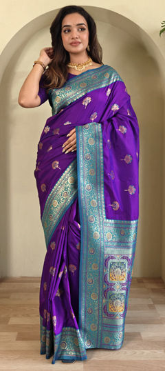 Purple and Violet color Saree in Banarasi Silk fabric with Weaving, Zari work