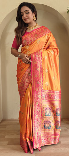 Yellow color Saree in Banarasi Silk fabric with Weaving, Zari work