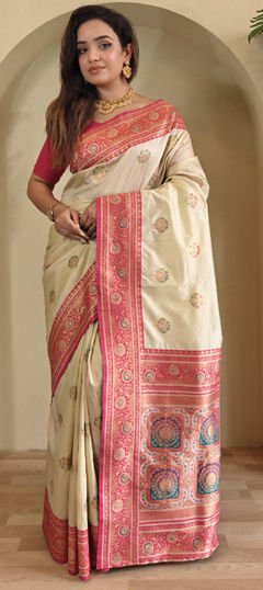 White and Off White color Saree in Banarasi Silk fabric with Weaving, Zari work