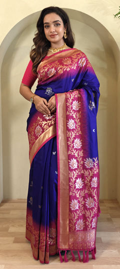 Blue, Pink and Majenta color Saree in Silk fabric with Weaving work