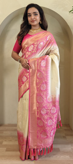 Pink and Majenta, White and Off White color Saree in Silk fabric with Weaving work