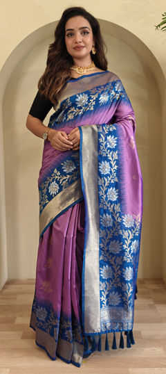 Blue, Pink and Majenta color Saree in Silk fabric with Weaving work