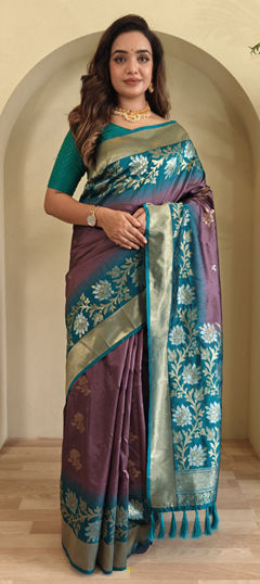 Blue, Purple and Violet color Saree in Silk fabric with Weaving work