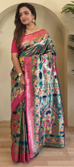 Gold color Saree in Silk fabric with Weaving, Zari work