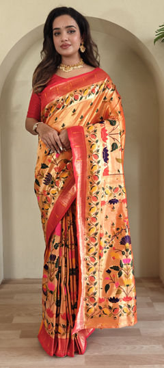 Orange color Saree in Silk fabric with Weaving, Zari work