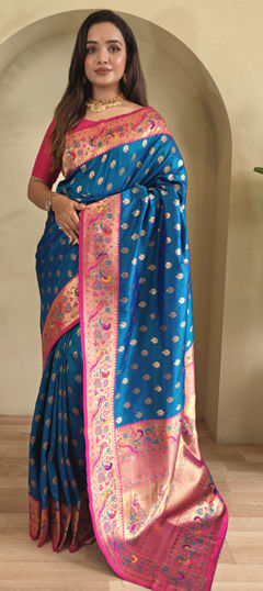 Blue, Pink and Majenta color Saree in Silk fabric with Weaving, Zari work
