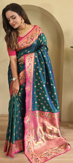 Blue, Pink and Majenta color Saree in Silk fabric with Weaving, Zari work