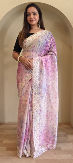 Pink and Majenta color Saree in Organza Silk fabric with Embroidered, Printed, Resham, Thread work