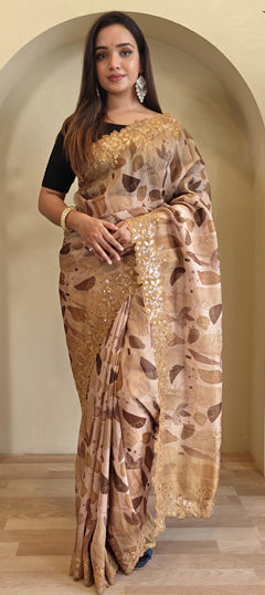 Beige and Brown color Saree in Organza Silk fabric with Embroidered, Printed, Resham, Thread work