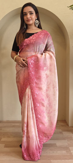 Pink and Majenta color Saree in Organza Silk fabric with Embroidered, Printed, Resham, Thread work