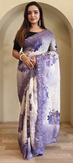 Blue, White and Off White color Saree in Organza Silk fabric with Embroidered, Printed, Resham, Thread work