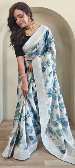 Black and Grey color Saree in Organza Silk fabric with Embroidered, Floral, Printed, Sequence, Thread work