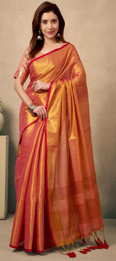 Orange color Saree in Tissue fabric with Weaving work