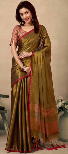 Gold color Saree in Tissue fabric with Weaving work