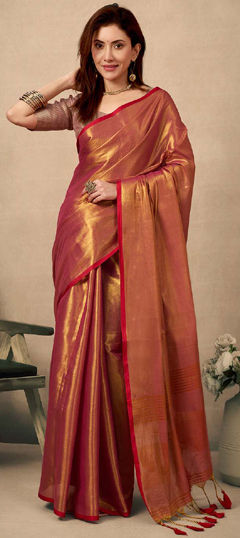Red and Maroon color Saree in Tissue fabric with Weaving work